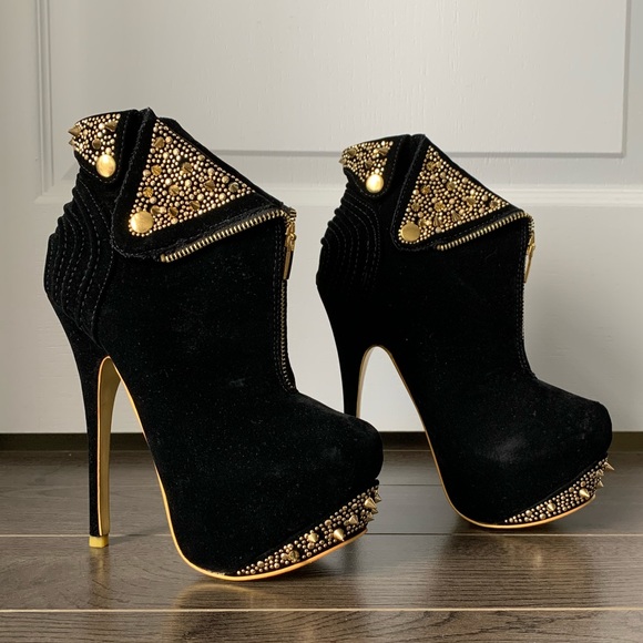 Alba - black & gold high heeled boots size 7 - Picture 2 of 7